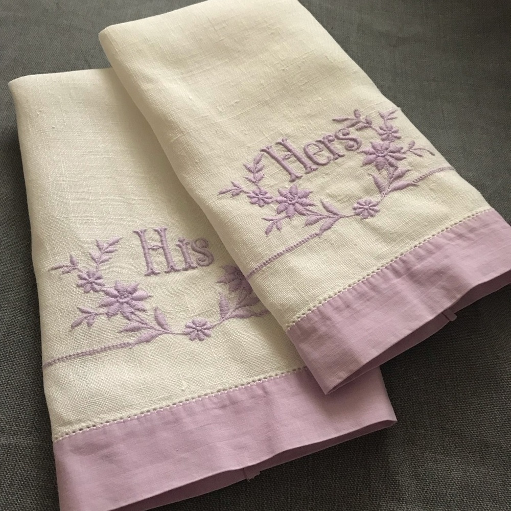 Vintage Embroidered His and Hers Linen Towels - white and lavender